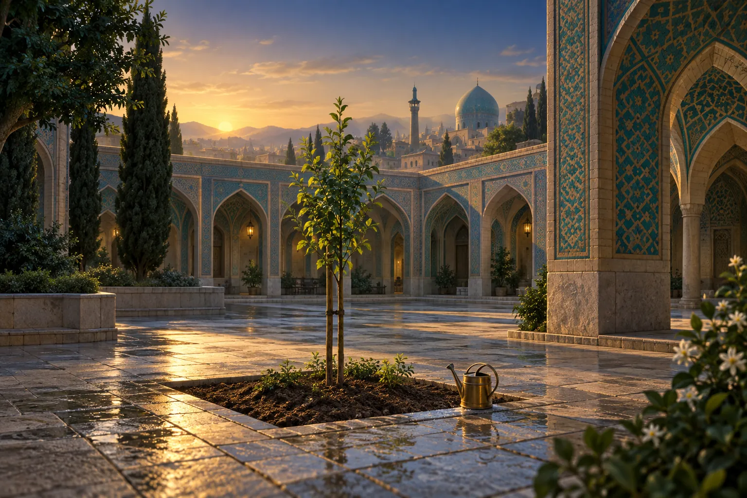 A young tree newly planted in a bed of fresh earth in a seminary courtyard at sunrise, a brass watering can beside it, arcades of turquoise tilework and a dome behind.