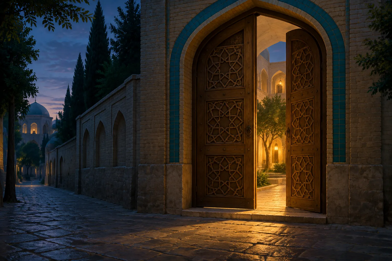 A tall carved wooden gate, its doors patterned with eight-pointed stars, stands half open on a stone street before sunrise; warm light spills out from a courtyard with a young tree.