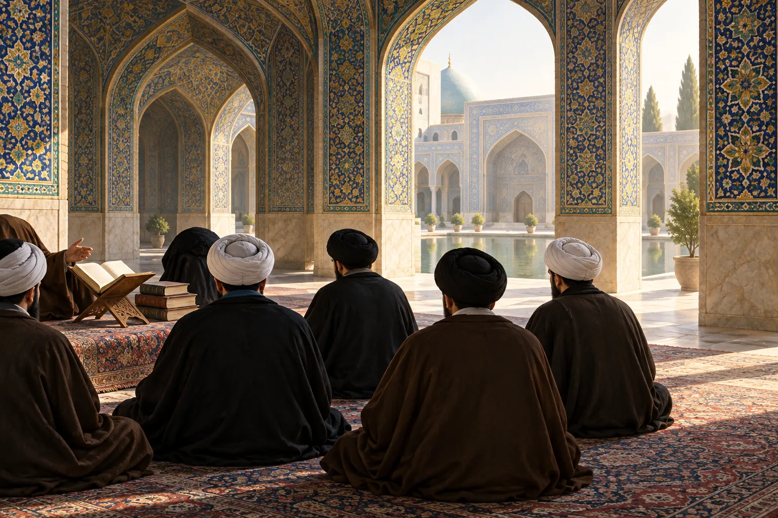 A lesson in a tiled portico: students in turbans and robes, seen from behind, sit on carpets facing their teacher, beside a carved book stand holding an open book; a courtyard and a dome lie beyond the arches.