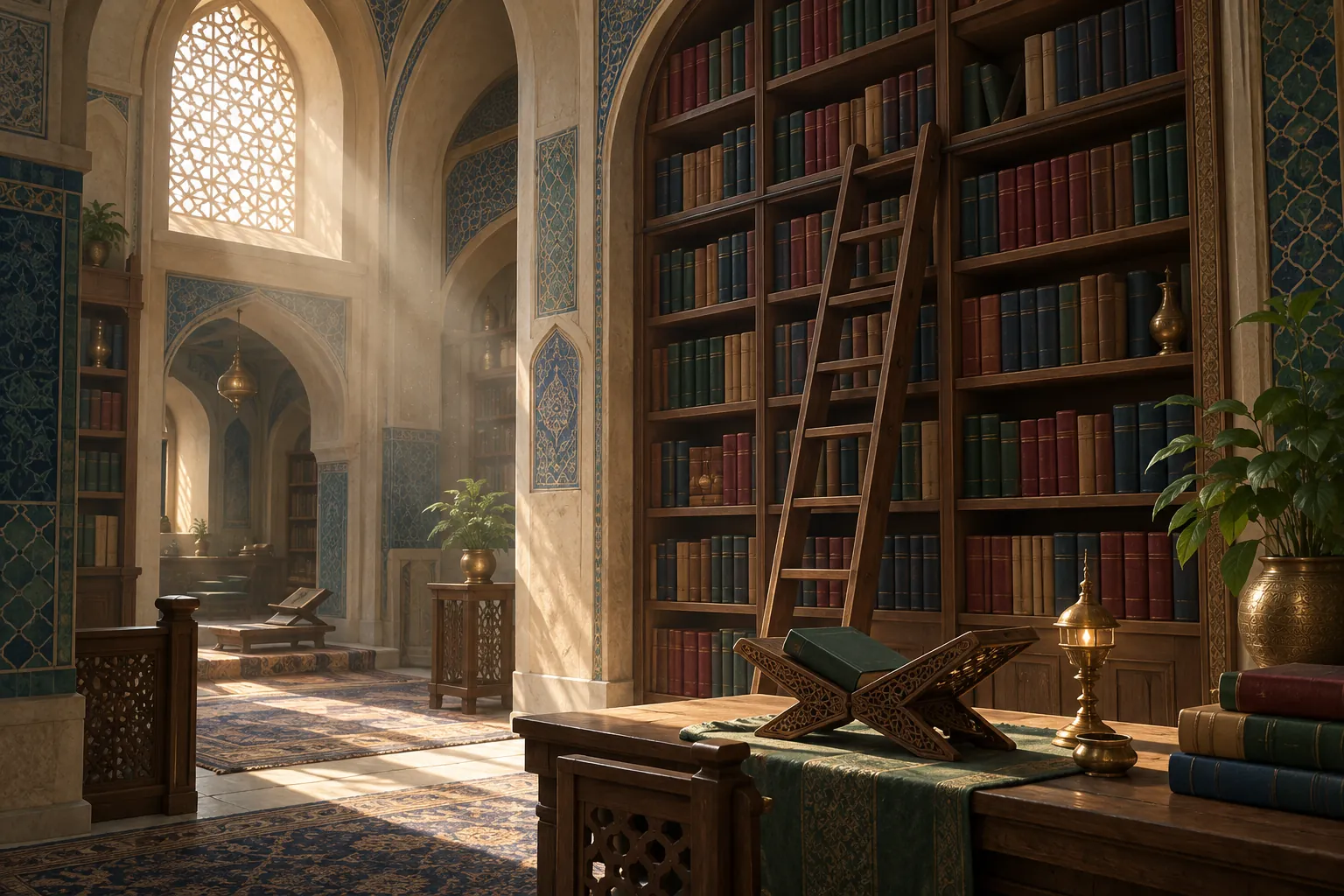 A tall library alcove: shelves of bound books in red, green, blue and tan with a wooden ladder, and a carved book stand holding a closed green book beside a brass lamp, in morning light from a lattice window.