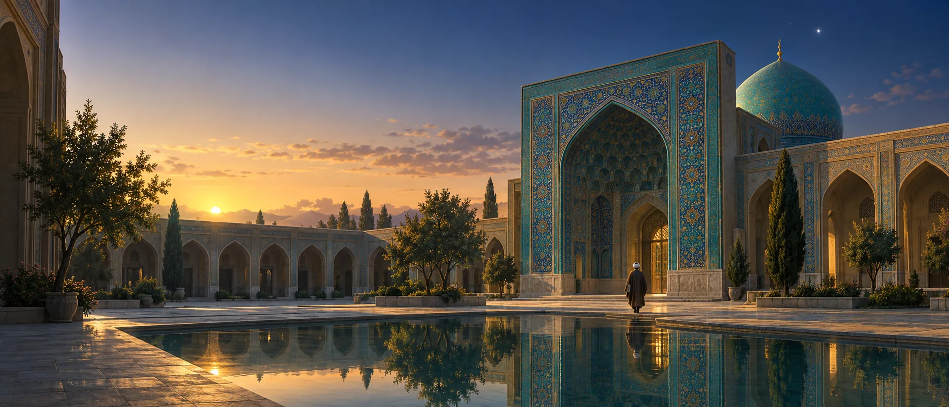 The courtyard of a seminary at first light: a tall tiled iwan, a still pool, a dome, and a single bright star above it.