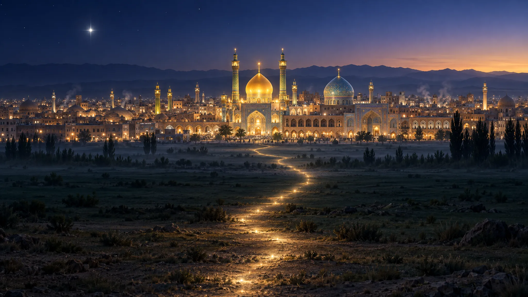 A path of light crosses a dark plain to a city of golden and blue domes and minarets before dawn, under a single bright star.