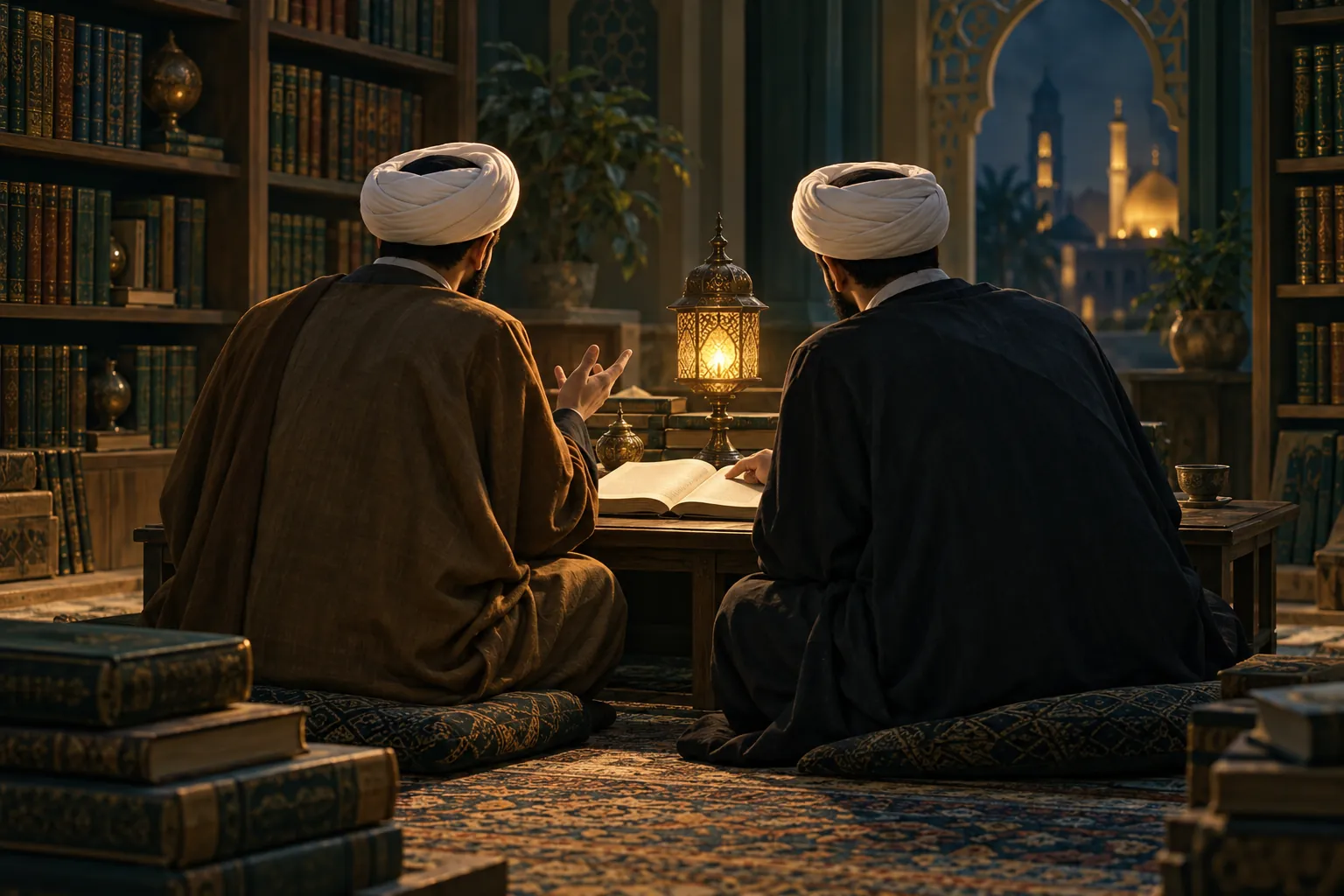 Two students, seen from behind, discuss an open book by lamplight at a low table among shelves of bound books; a lit shrine shows through the window.
