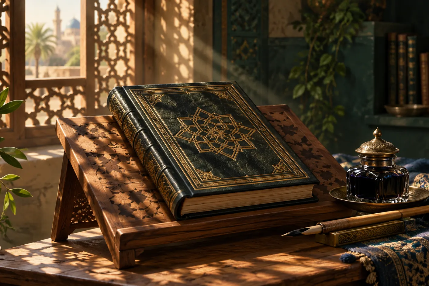 A closed book bound in dark leather, a gold geometric star on its cover, rests on a carved wooden book stand beside an inkwell and a pen, in sunlight through a lattice window.