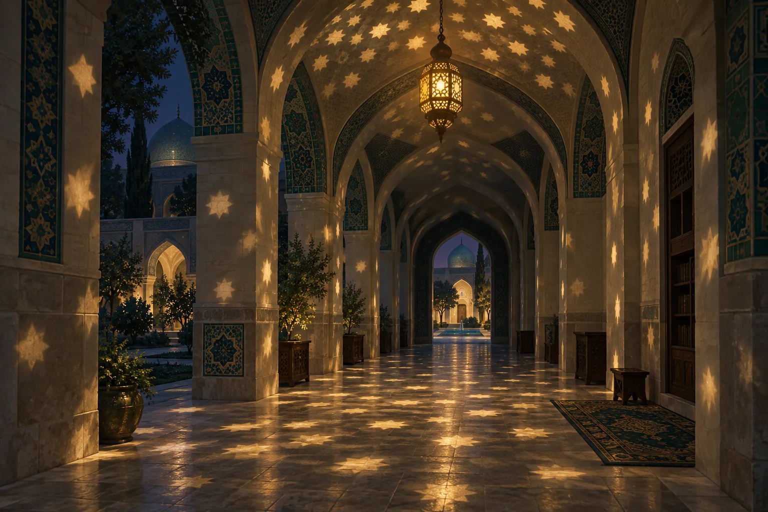 A pierced brass lantern hangs in a seminary arcade at night, scattering eight-pointed stars of light across the vaults, the pillars and the floor; a domed courtyard glows at the far end.