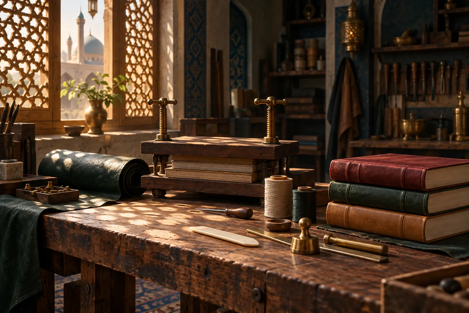 A bookbinder’s bench in a seminary workshop: a small wooden book press, a roll of dark leather, spools of thread, a bone folder and brass tools beside a stack of leather-bound books, in sunlight through a lattice window.